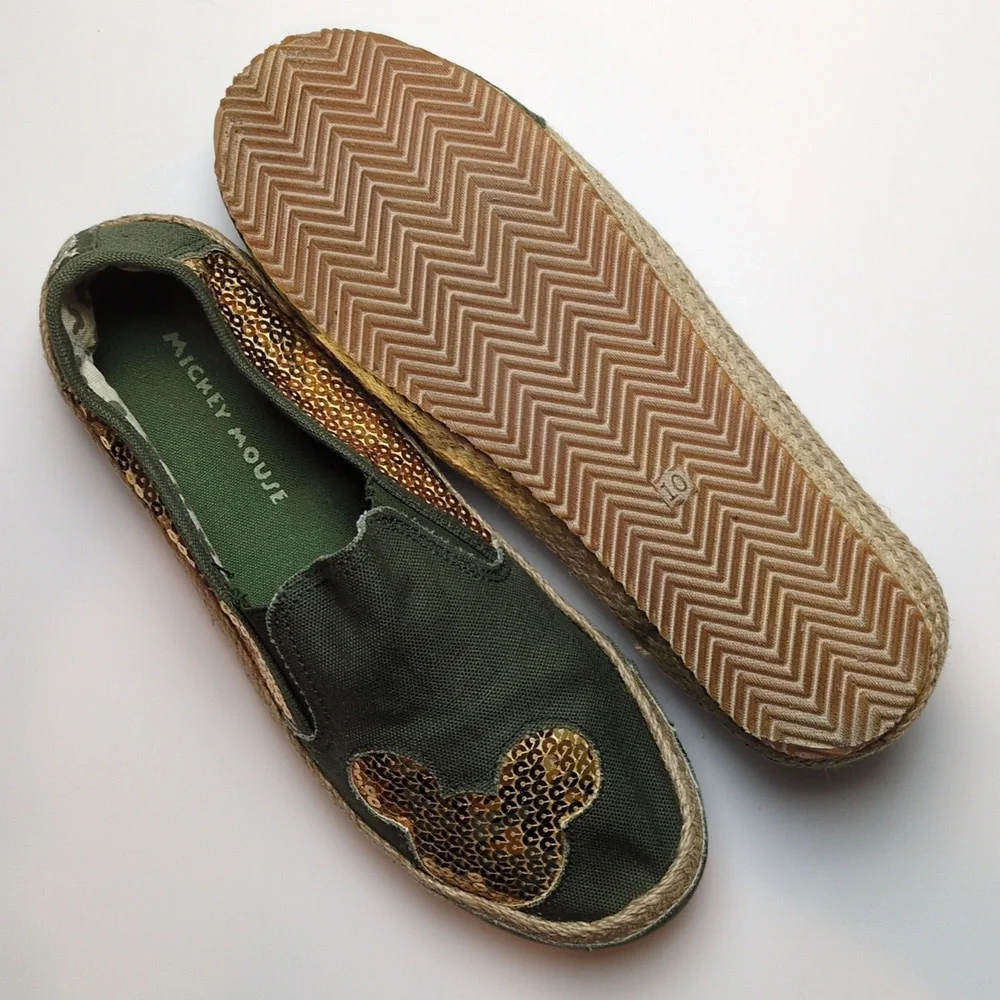 Disney Mickey Mouse Women's Olive Green Gold Sequin Espadrille Slip On Shoes 10